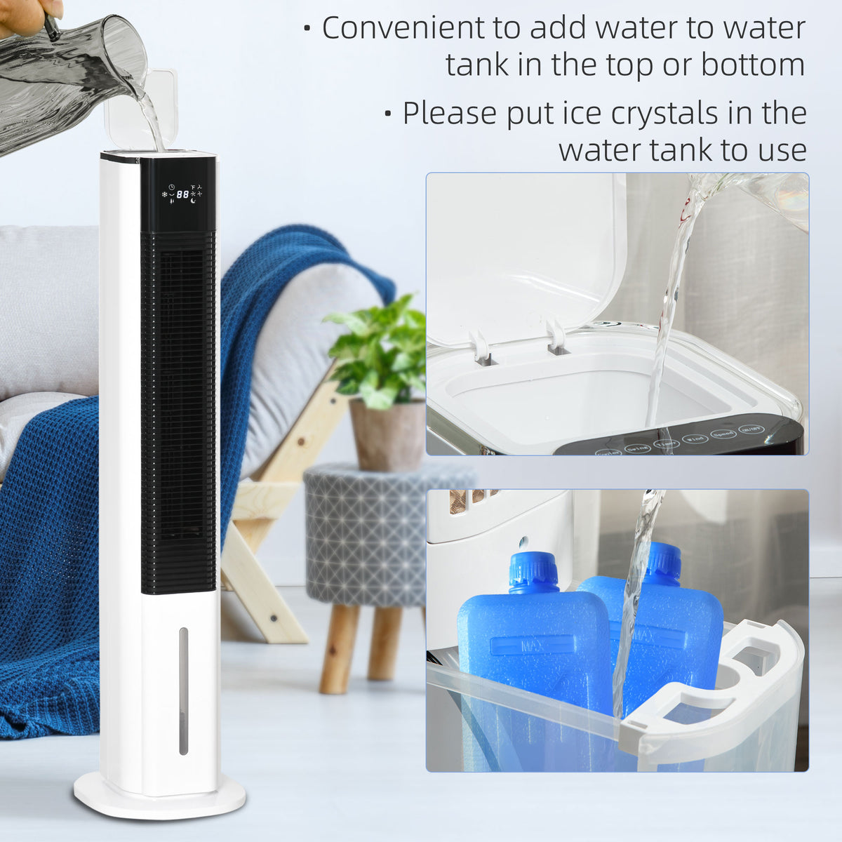 White HOMCOM tower air cooler with water being poured into its top-fill tank.