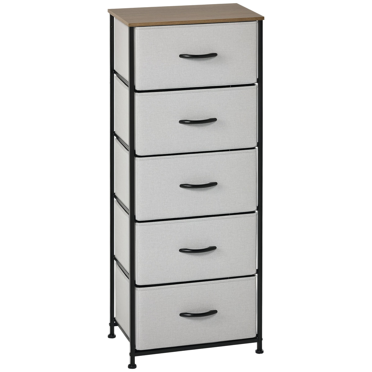 Gray five-drawer fabric chest with a black steel frame and wood top