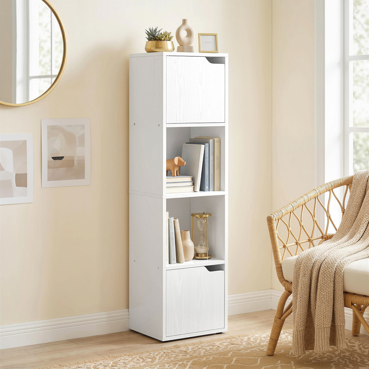 HOMCOM Narrow Bookcase, 4-Tier Bookshelf, Storage Cabinet with doors for Living Room, Bedroom, White