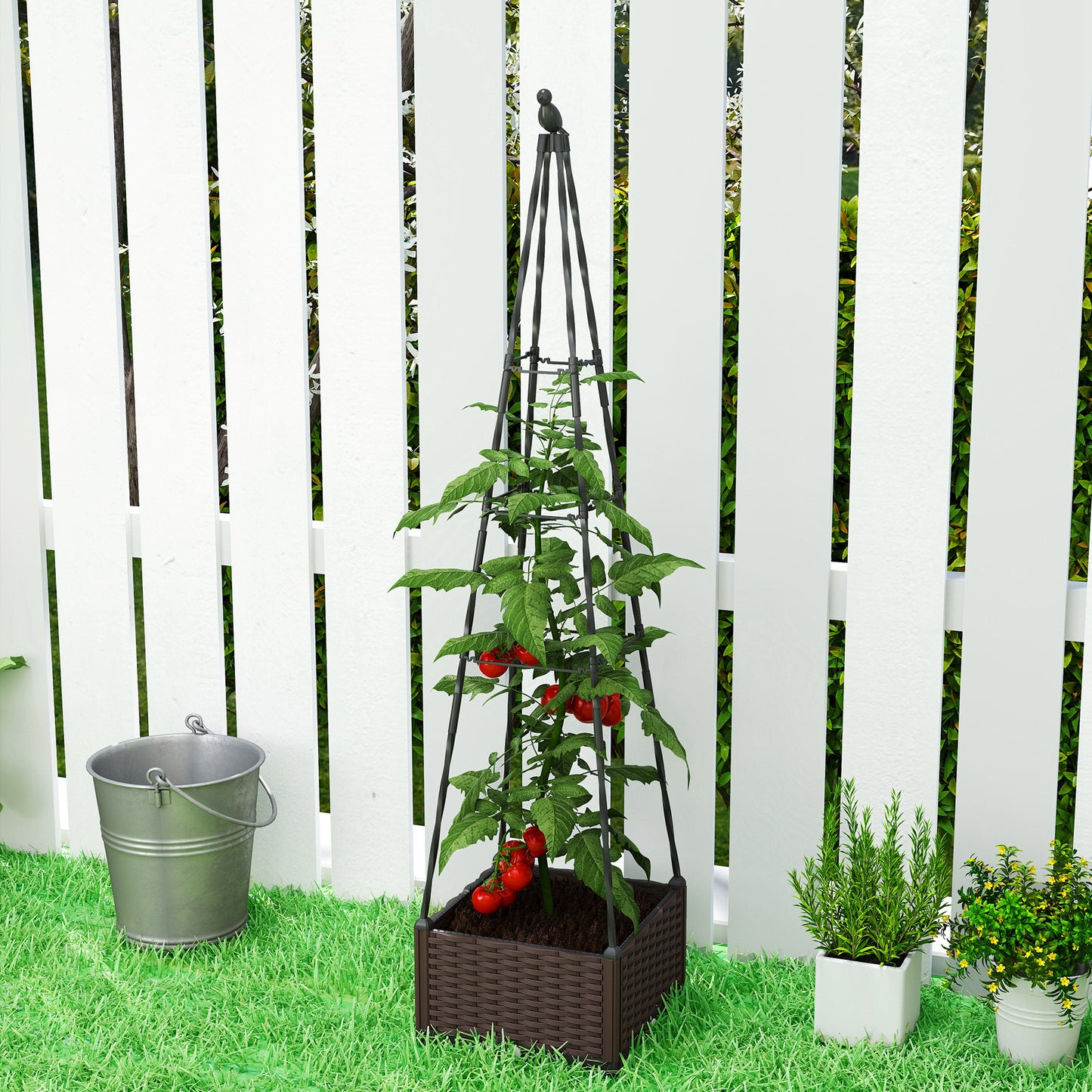Outsunny Raised Bed for Garden, Raised Garden Bed Planter Box with Trellis, Self Watering, Drainage Holes and Plugs