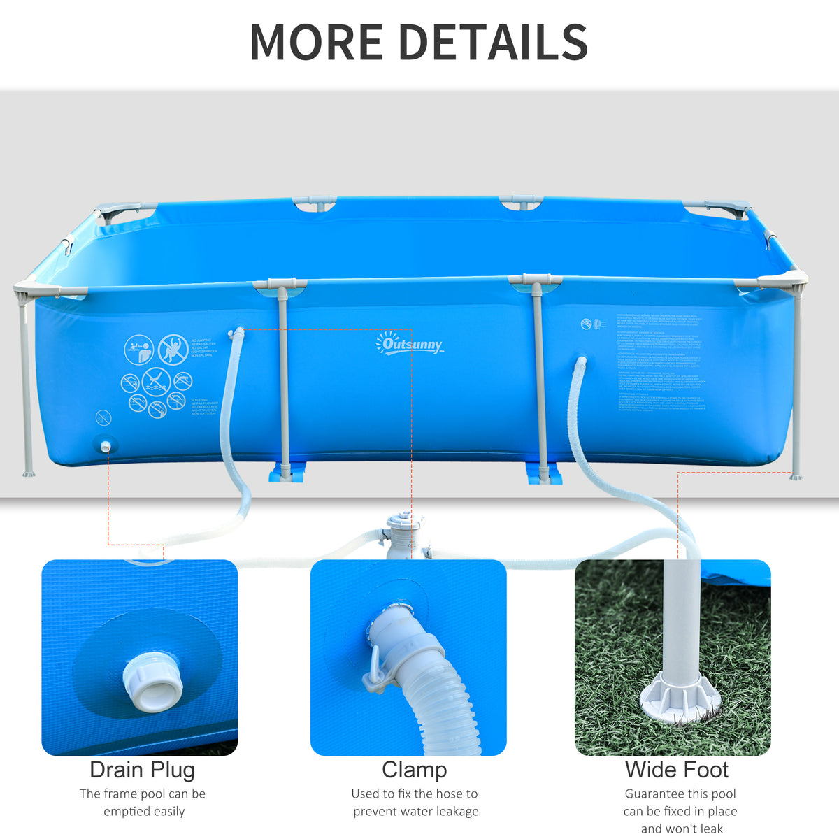 Outsunny blue frame pool showing drain plug, hose clamp, and wide support feet