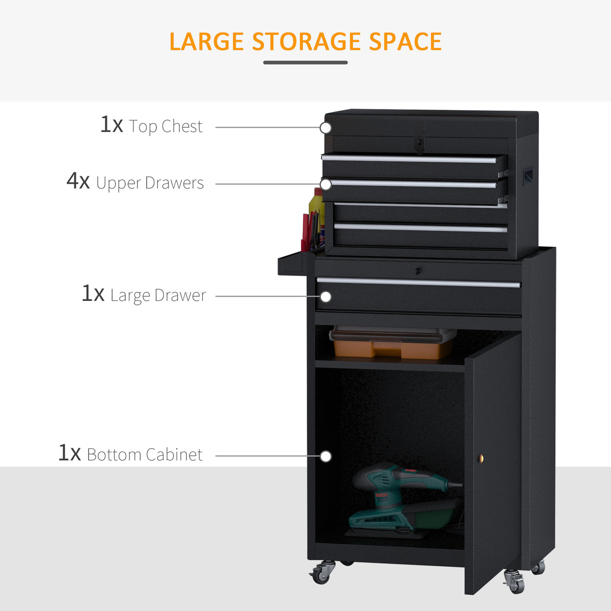 Black metal tool cabinet with four upper drawers, large drawer and open lower cupboard