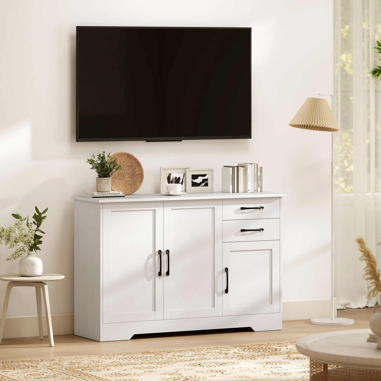 HOMCOM Sideboard with 2 Drawers Modern Storage Cabinet, Kitchen Cupboard with Adjustable Shelf and 3 Doors White