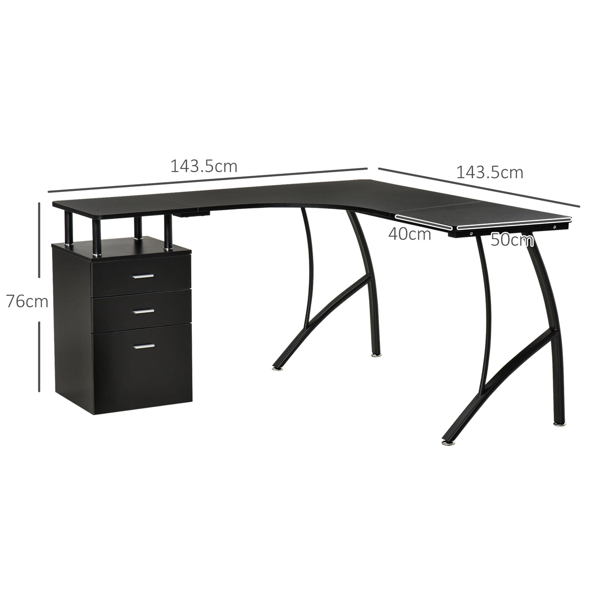HOMCOM black L-shaped desk with drawer cabinet, shown with dimensions