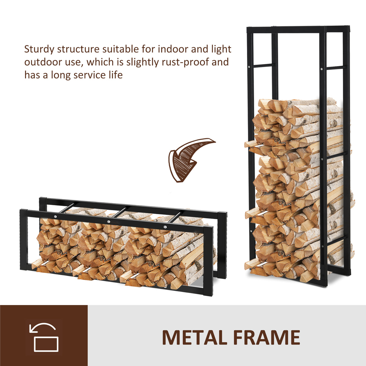 Black metal firewood rack shown upright and folded flat, with logs stored inside