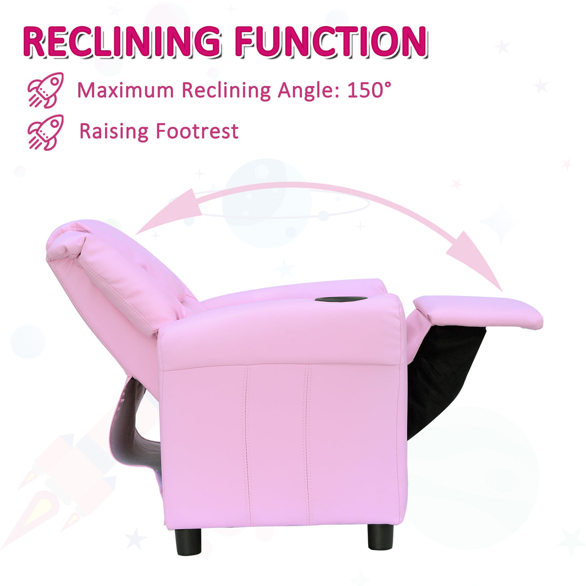 Pink kids' recliner reclined with footrest raised, shown from the side