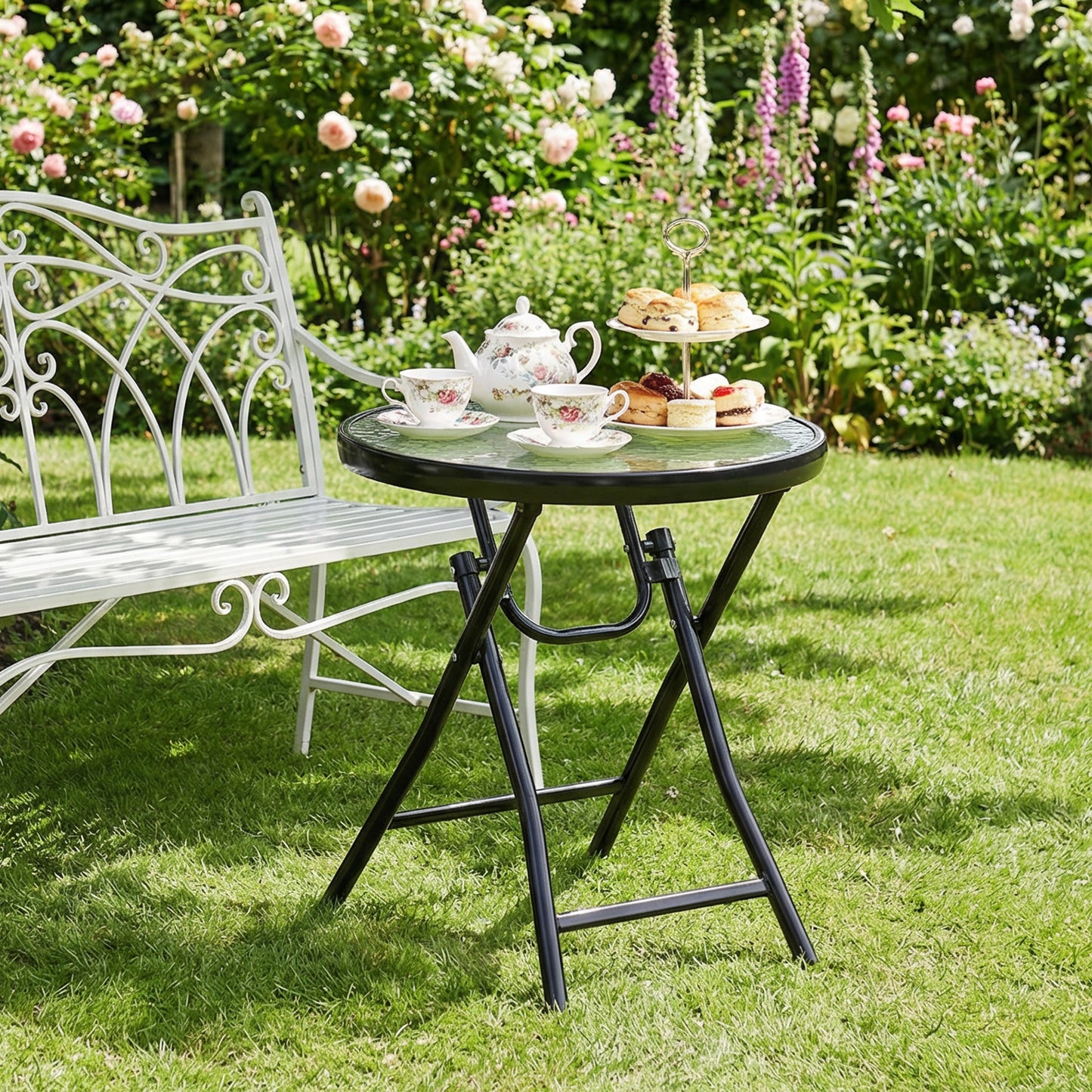 Outsunny Foldable Garden Side Table, Round Folding Table with Glass Tabletop and Safety Buckle for Patio, Garden, Outdoor, Indoor, Black