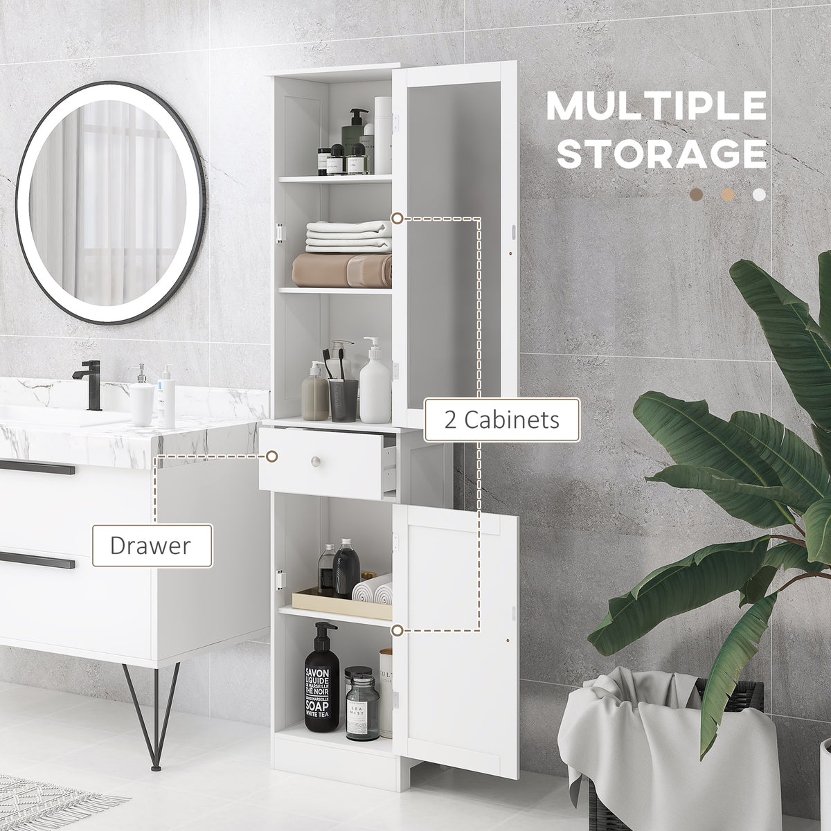 White bathroom storage cabinet with shelves, drawer, and lower door