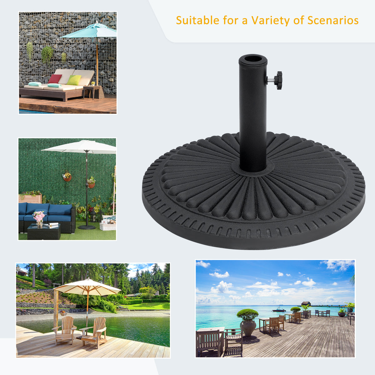 Black round parasol base with ribbed surface and upright pole holder