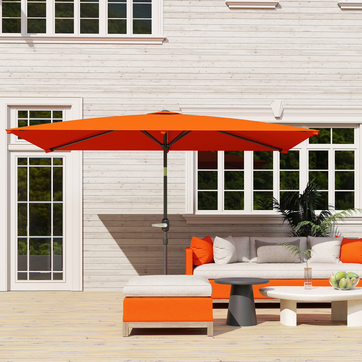 Orange rectangular parasol shading a patio seating area