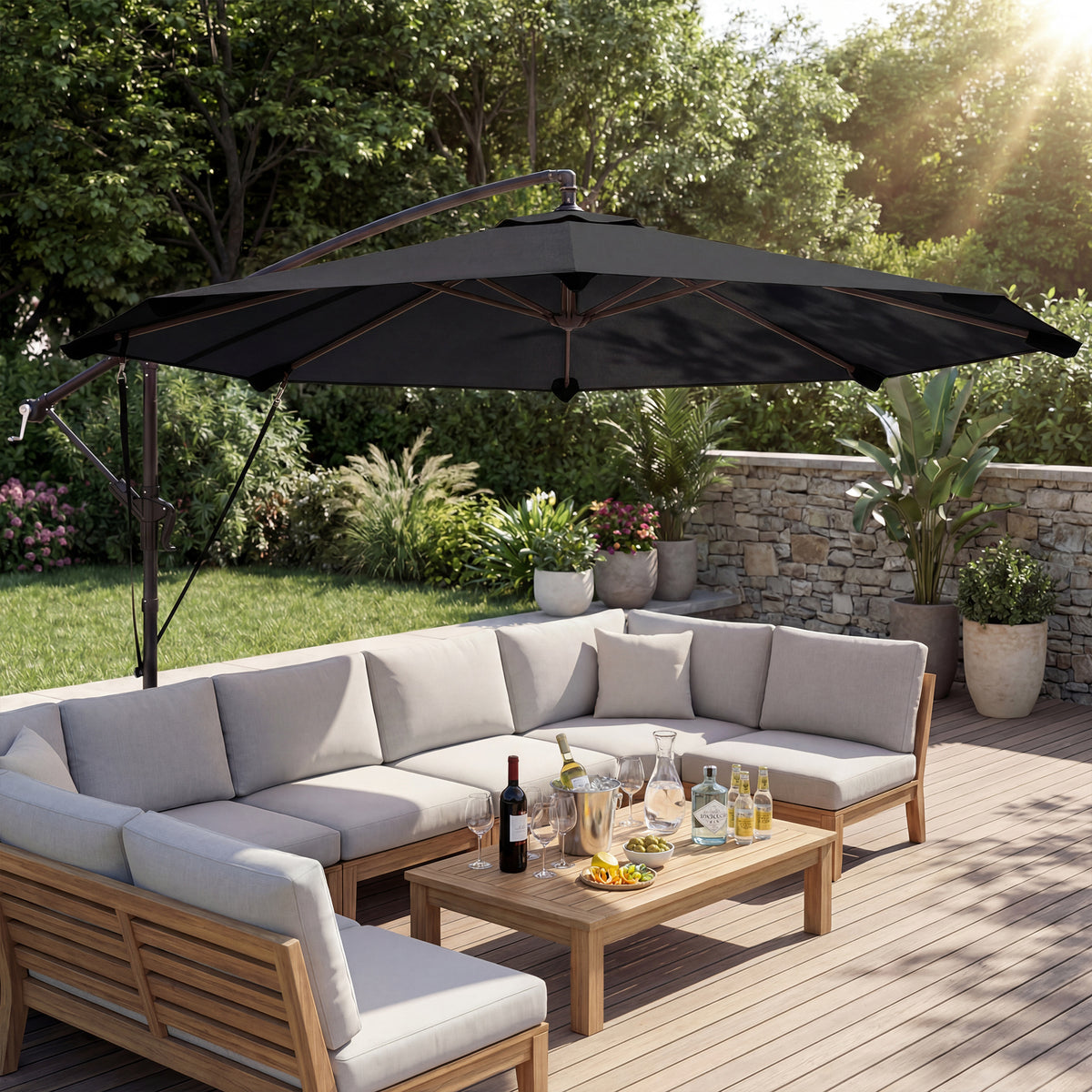 Outsunny 3 m Cantilever Parasol with Protective Cover and Wind Ropes, Banana Parasol with Crank Handle, Black