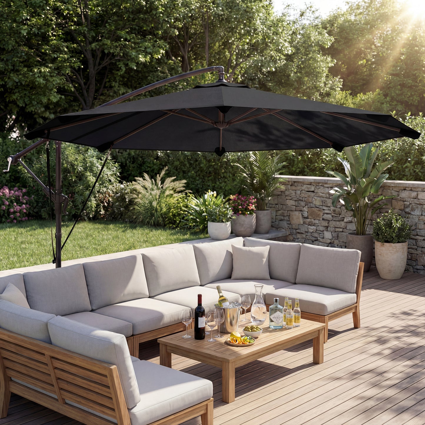 Outsunny 3 m Cantilever Parasol with Protective Cover and Wind Ropes, Banana Parasol with Crank Handle, Black