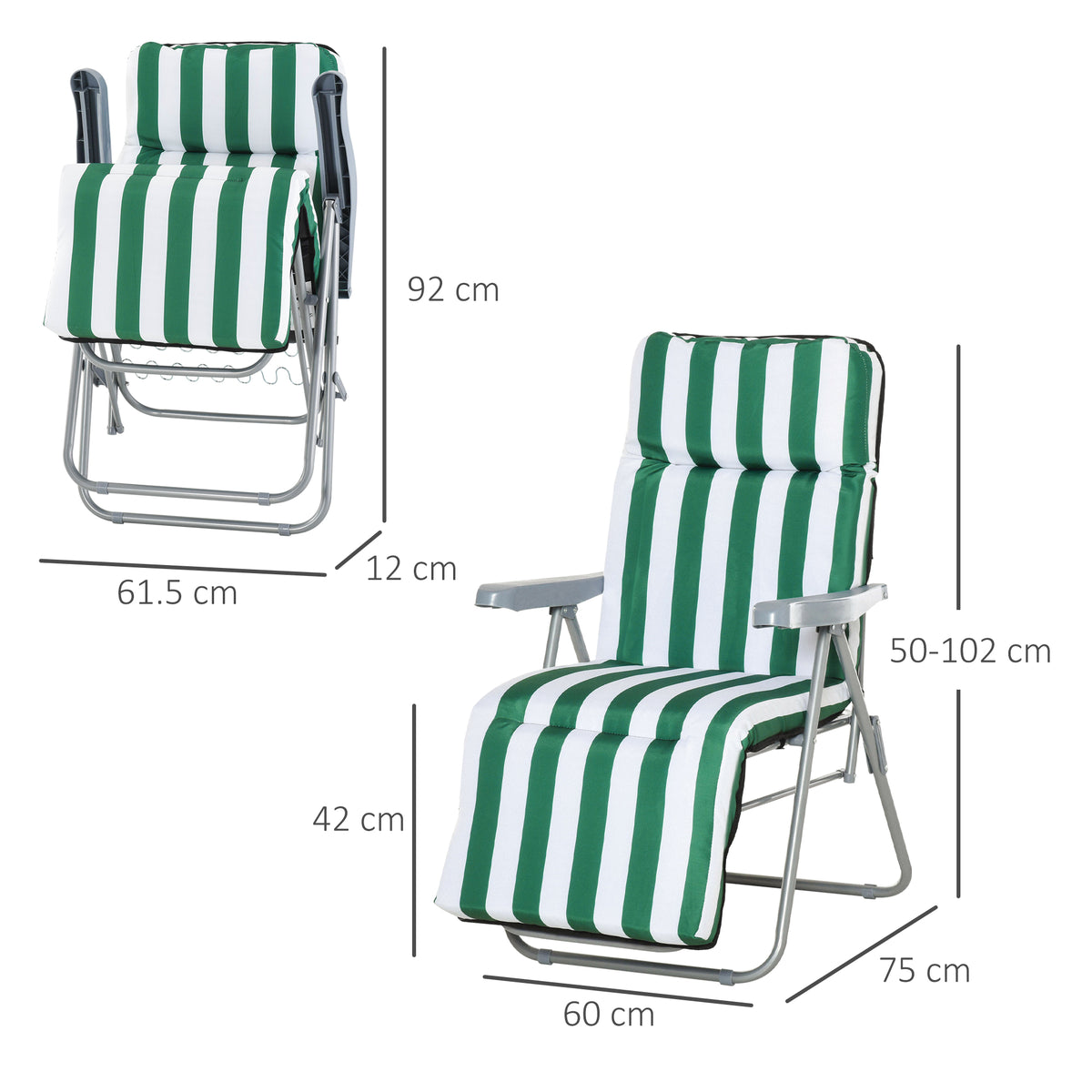 Green and white striped folding sun lounger with padded cushion and adjustable backrest