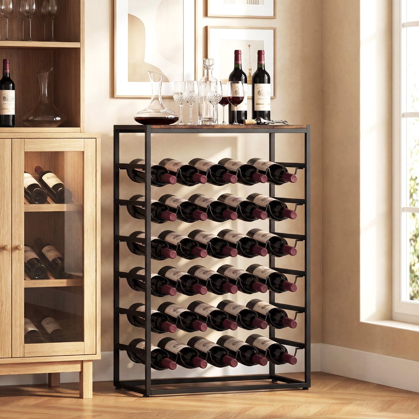 HOMCOM 30 Bottles Wine Rack, 6 Tier Free Standing Wine Storage Holder with Wood Effect Tabletop, Rustic Brown