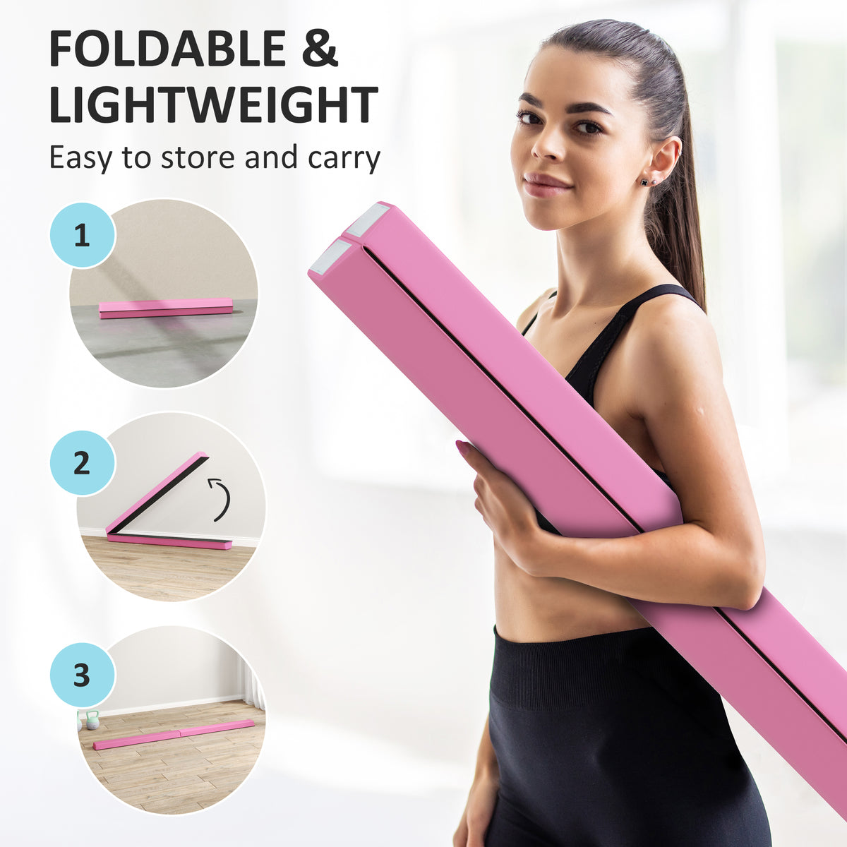SPORTNOW pink folding gymnastics beam shown folded for carrying