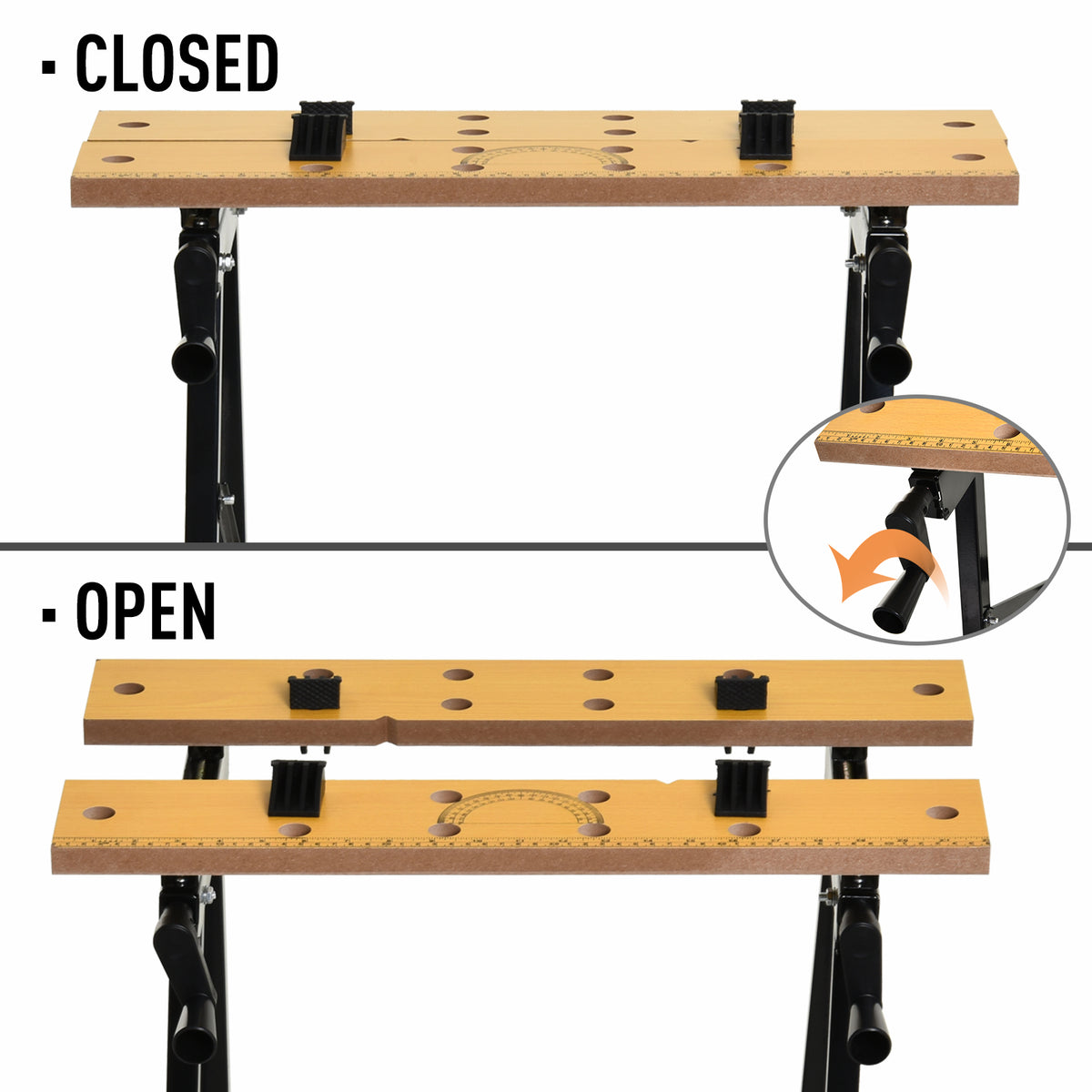 DURHAND workbench top shown closed and open, with clamping pegs and hand-crank controls
