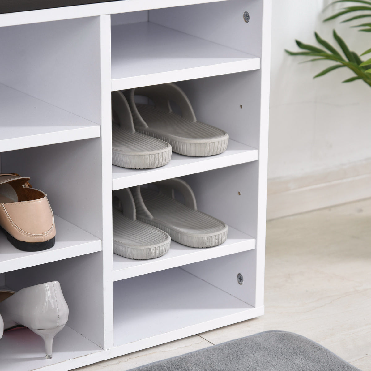 HOMCOM Multi-Storage Shoe Rack with 14 Compartments Cushion Moving Shelves, Solid Frame Foot Pads, White