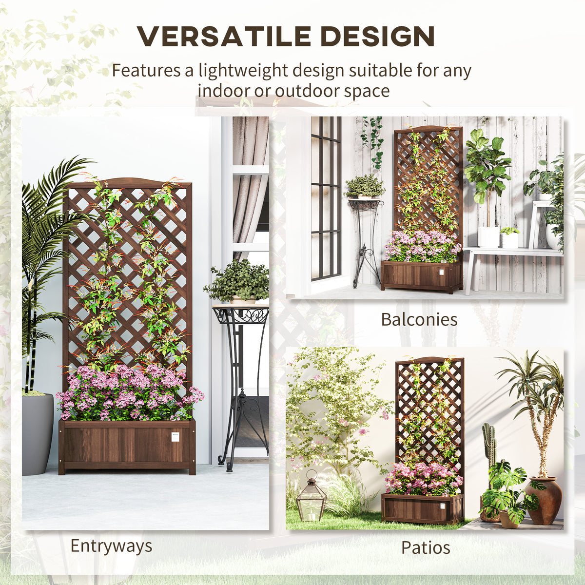 Outsunny wooden planter with lattice trellis shown in entryway, balcony, and patio settings