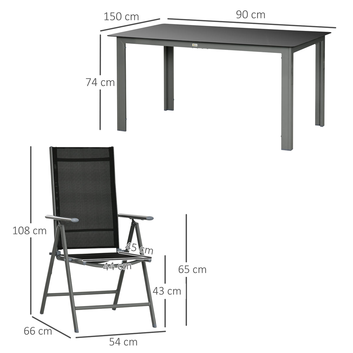 Outsunny garden dining table and chair with dimensions; table has a dark glass top and metal frame