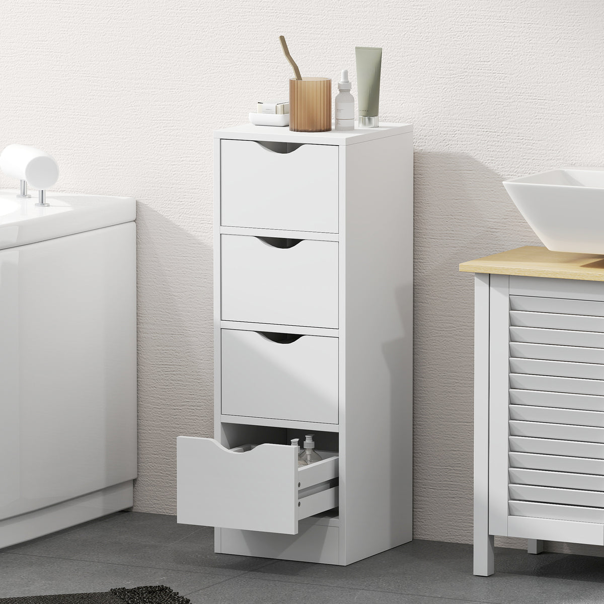 HOMCOM 4-Drawer Bathroom Cabinet, Freestanding Narrow Storage Cabinet with Groove Handles for Small Spaces, White