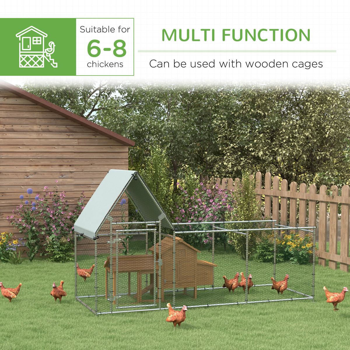 Walk-in chicken run shown with a wooden coop, suitable for housing 6 to 8 chickens