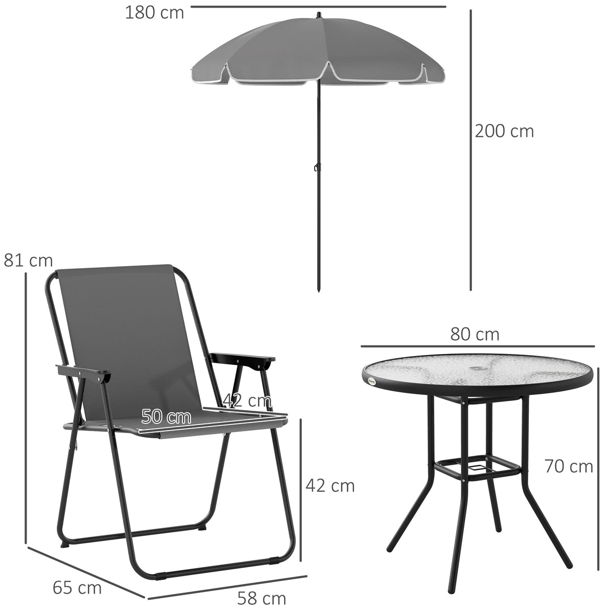 Garden dining set dimensions for the parasol, folding chair, and round glass table