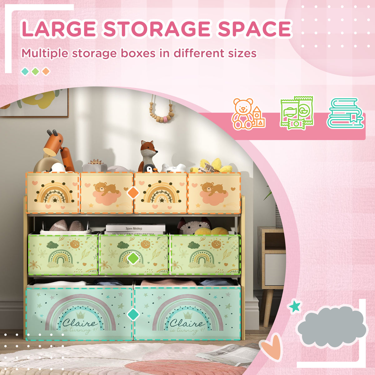 AIYAPLAY three-tier storage unit holding toys, with colorful fabric bins in three sizes
