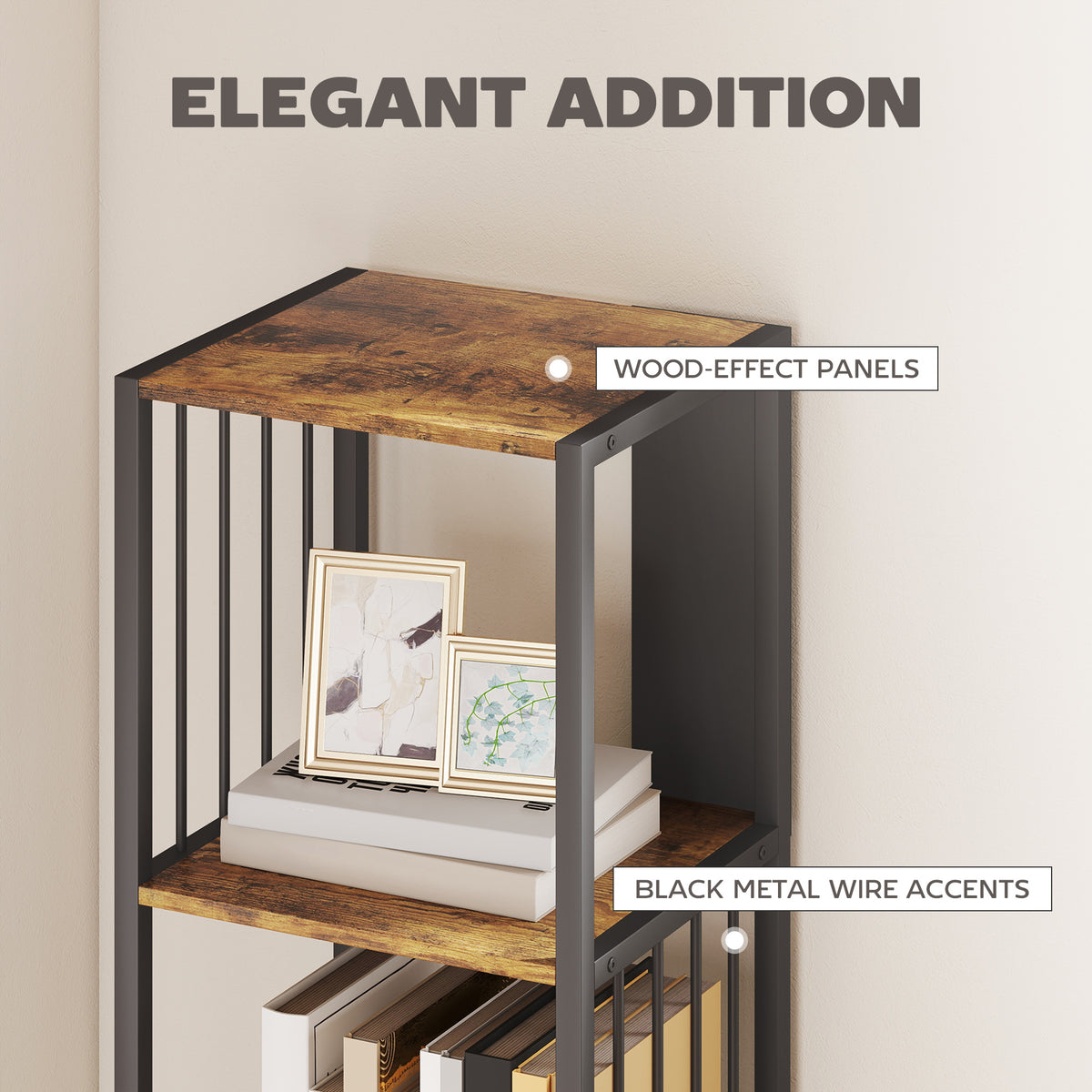 HOMCOM 5-Tier Bookshelf with Steel Frame - Rustic Brown