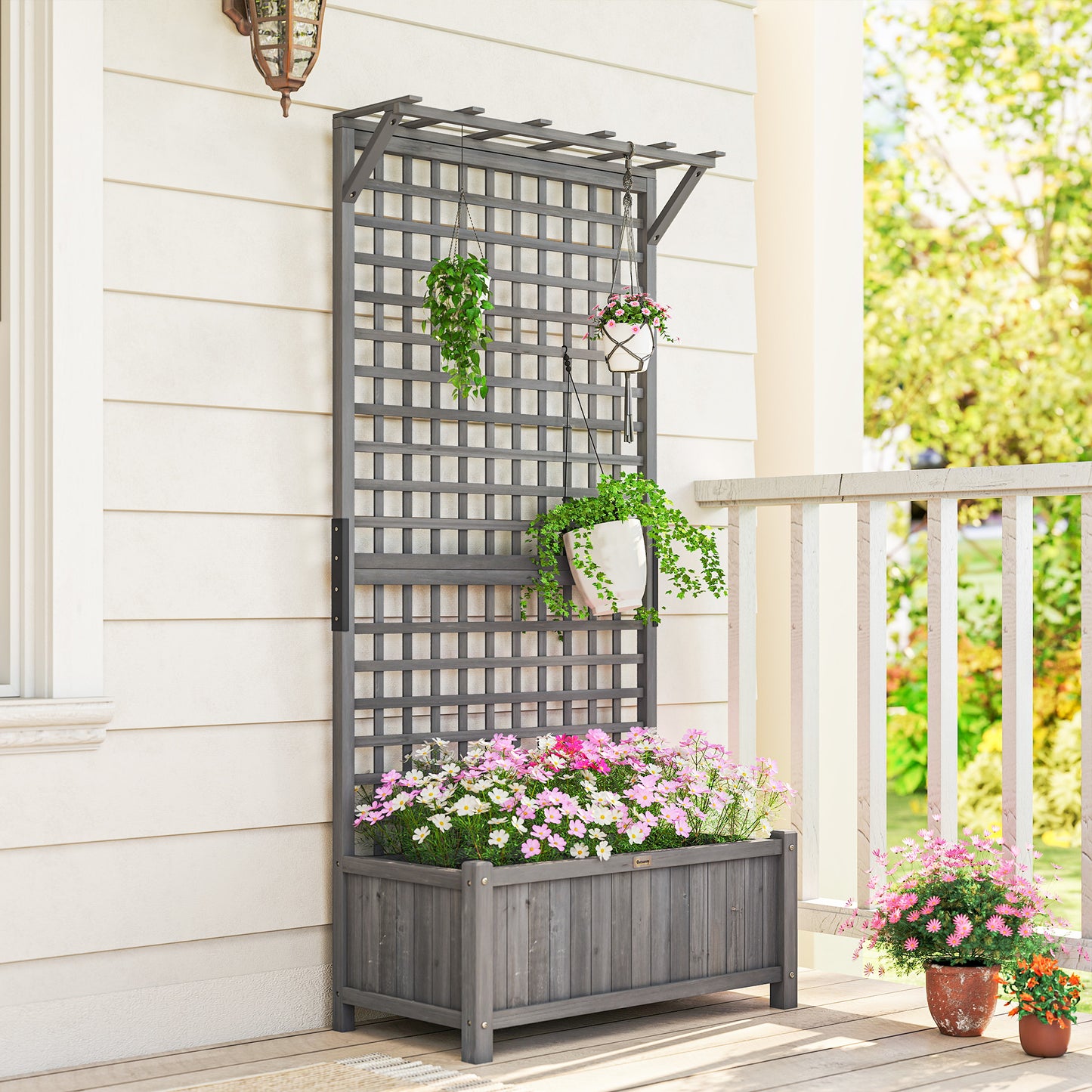 Outsunny Raised Bed with Drainage Holes, Wood Planter with Trellis for Climbing Plants, Dark Grey