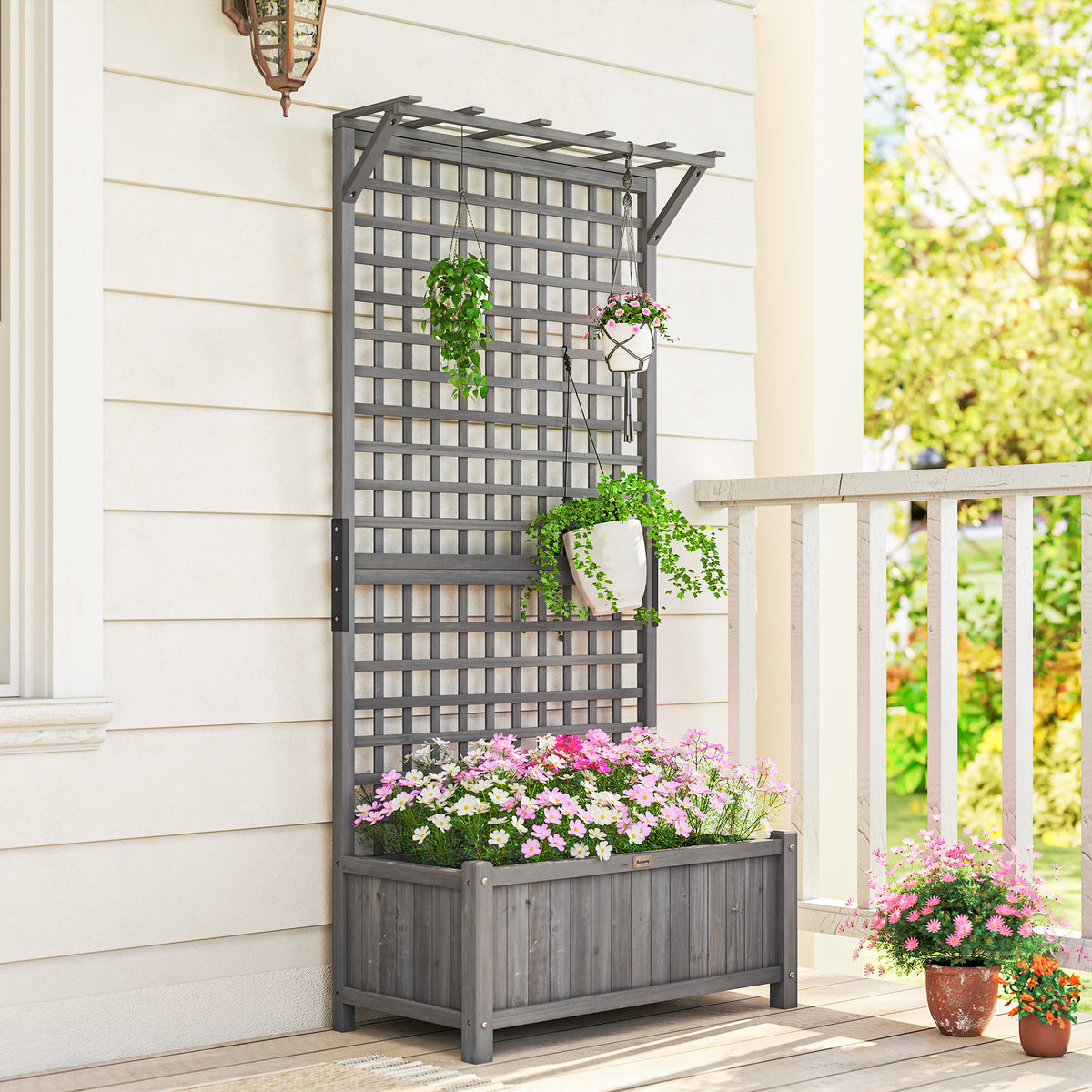 Outsunny Raised Bed with Drainage Holes, Wood Planter with Trellis for Climbing Plants, Dark Grey