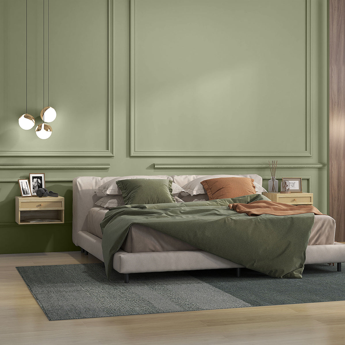 Pair of wood-effect floating bedside tables with rattan drawer fronts beside a bed