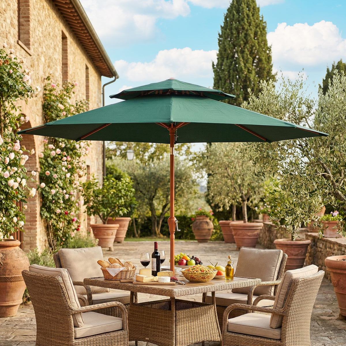 Outsunny 2.7 m Garden Parasol with Double Top Outdoor Market Table Umbrella with Crank System, Green