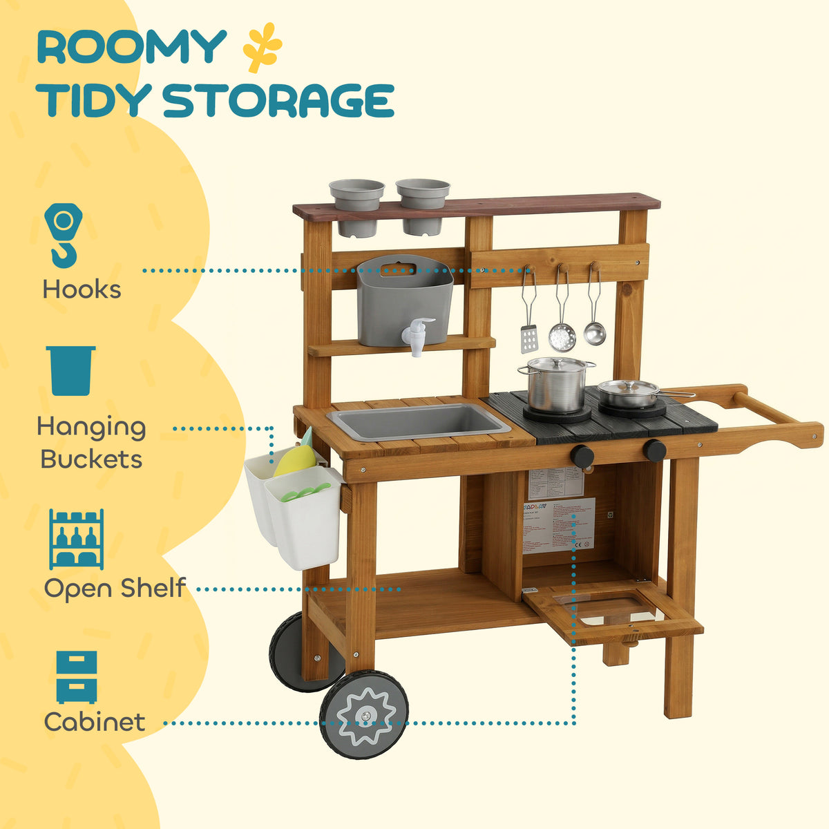 AIYAPLAY Wooden Mud Kitchen with Wheels, Stove, Faucet, Flower Pots, Stainless Steel Accessories for Toddlers 3-6, Brown