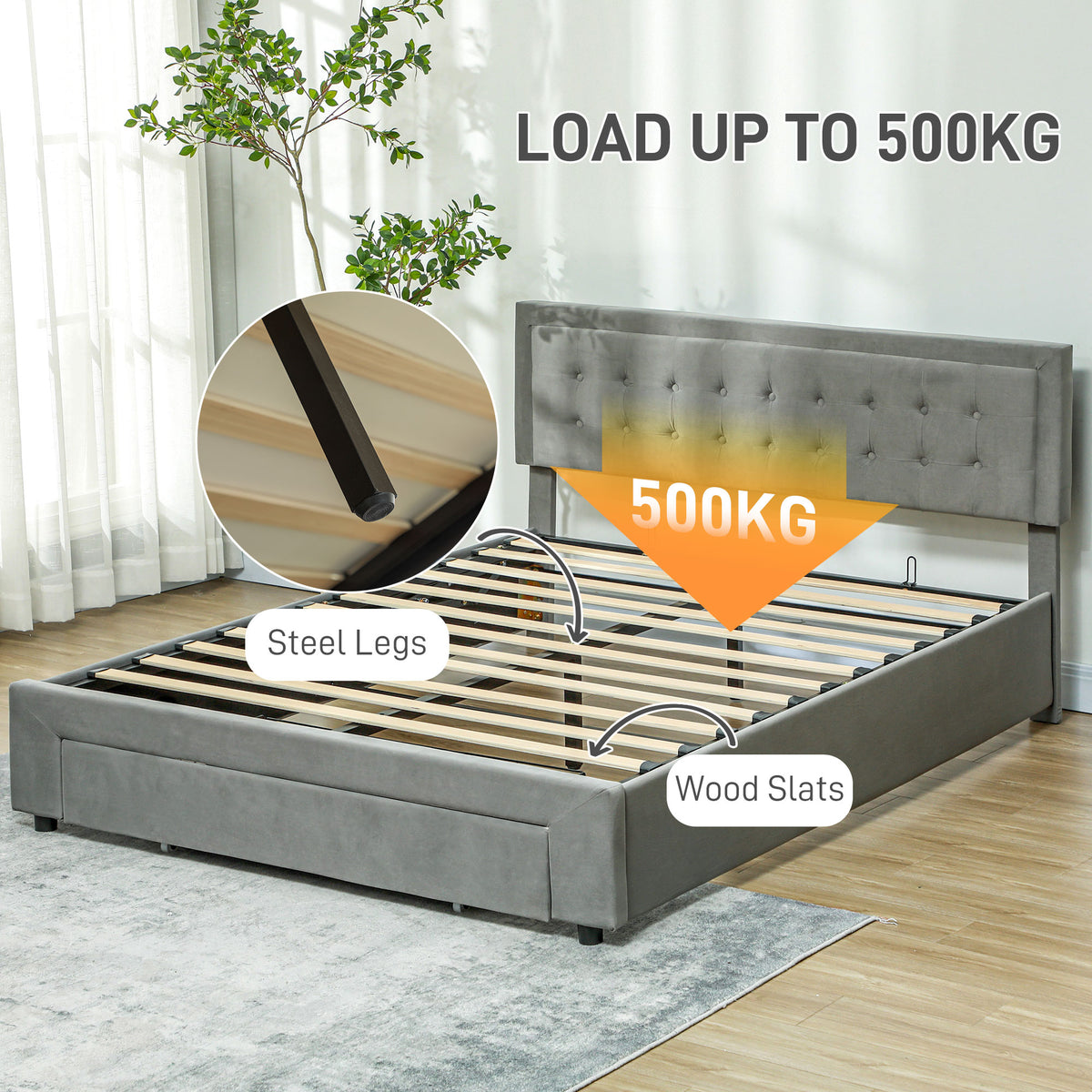 Gray upholstered bed frame with wooden slats and steel support legs