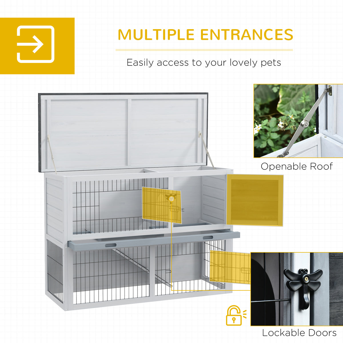 PawHut rabbit hutch shown with open roof and access doors