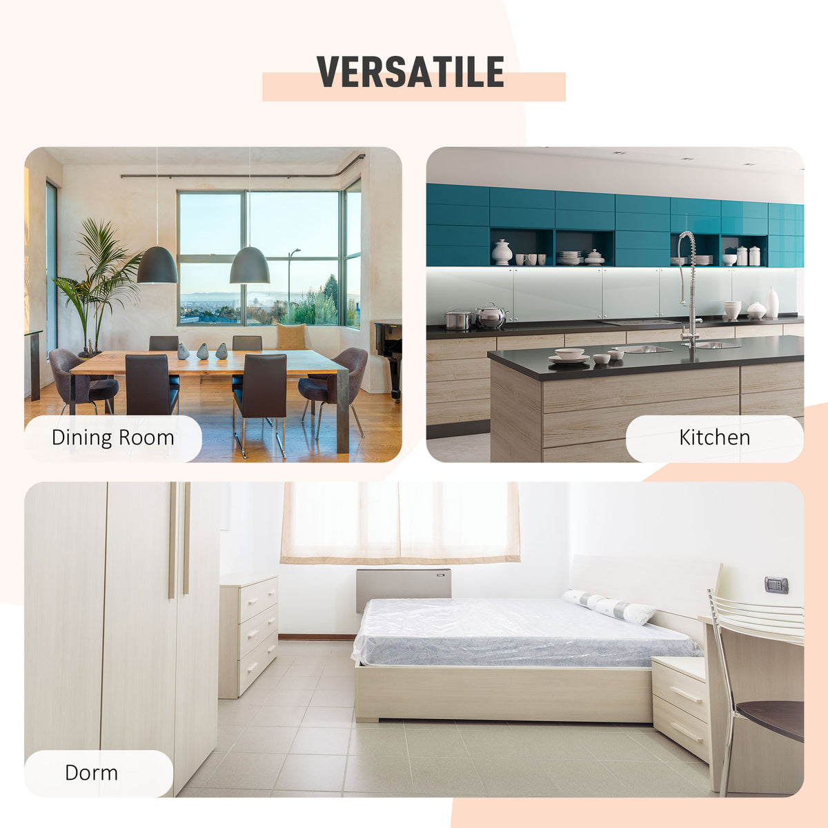 Dining table shown in dining room, kitchen, and dorm settings