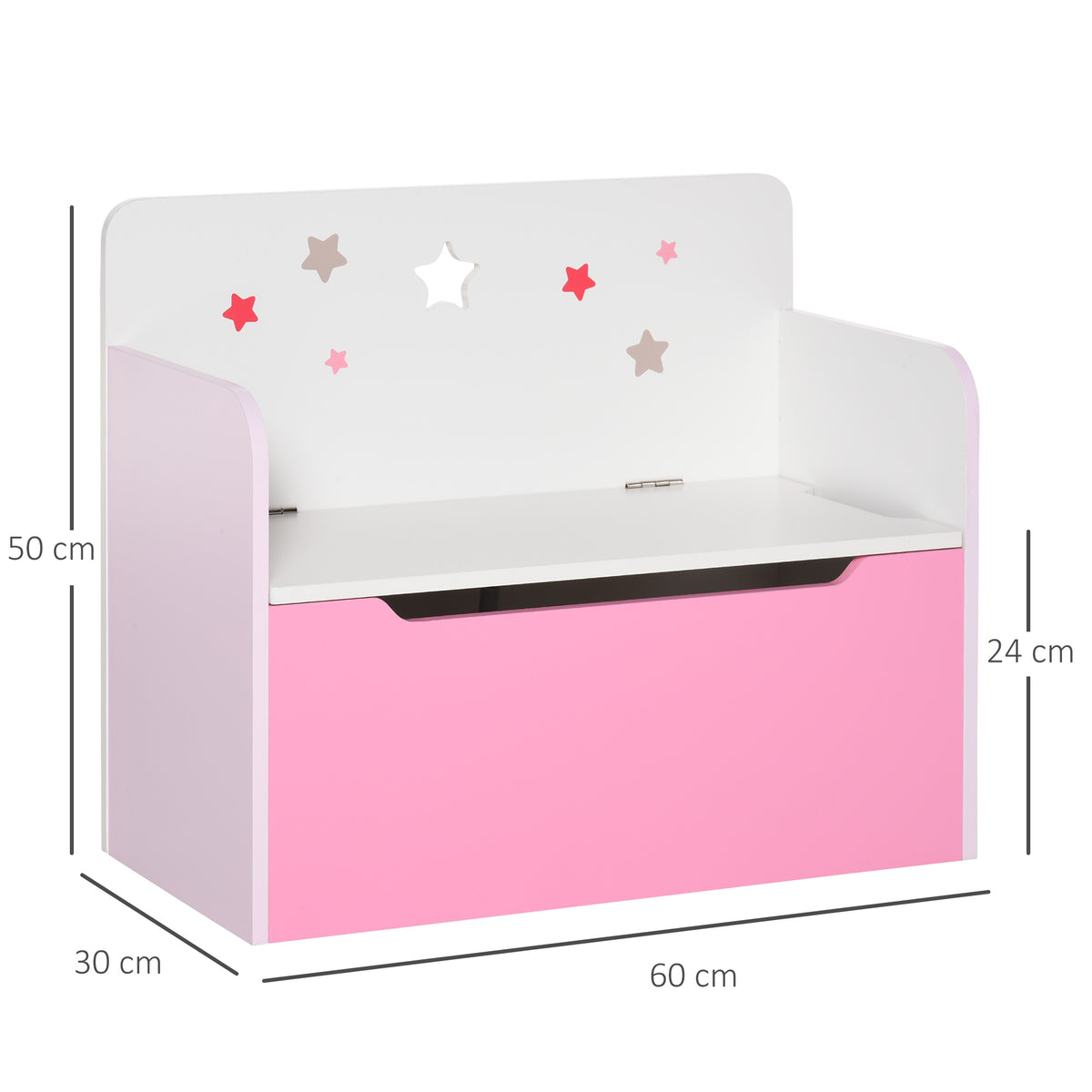 Pink and white toy chest bench, 60 cm wide, 30 cm deep and 50 cm high.