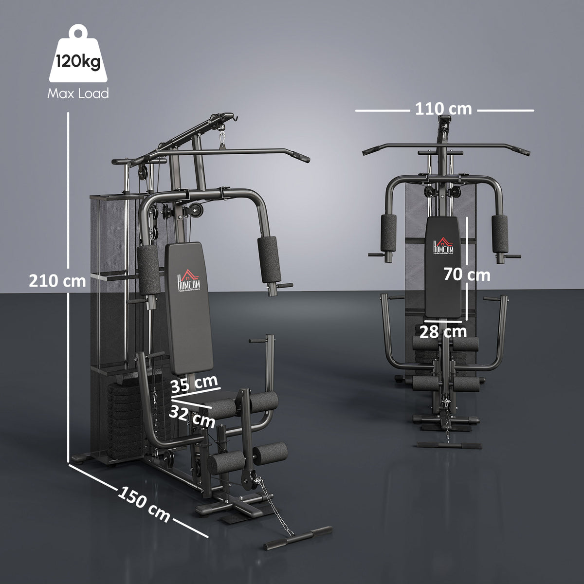Home gym system shown from front and side, with dimensions and 120 kg maximum load