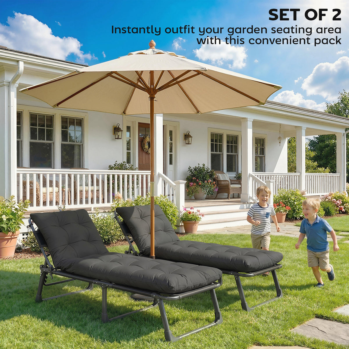 Outsunny Sun Lounger Cushions Only, Garden Lounge Chair Cushions Set of 2, Sunbed Replacement Pads with 4 Ties, Dark Grey