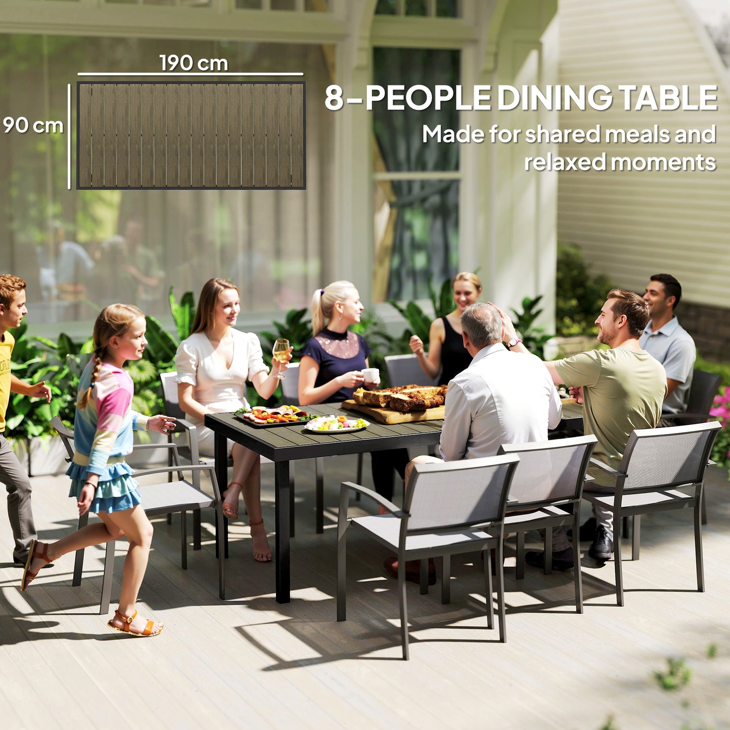 Outsunny Aluminium Outdoor Garden Dining Table for 8 People, Faux Wood Top, for Garden, Patio, 190 x 90 x 74cm, Brown