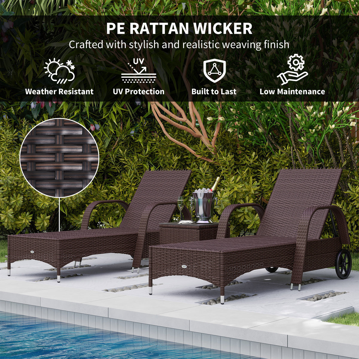 Pair of brown rattan sun loungers with matching side table, shown without cushions