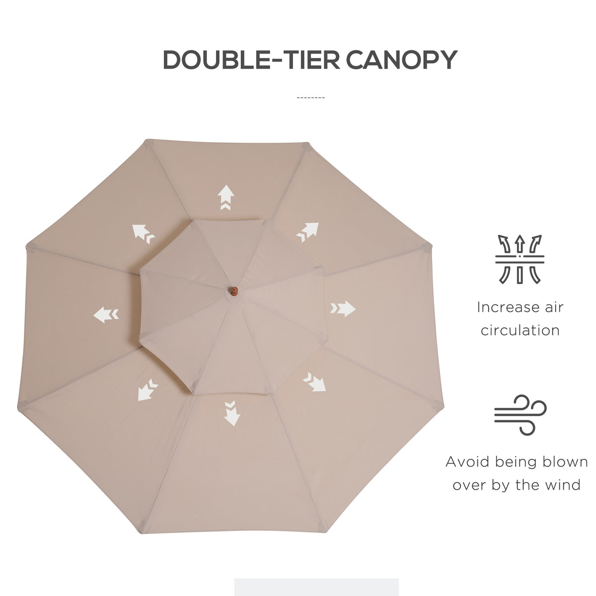 Top view of the beige two-tier parasol canopy