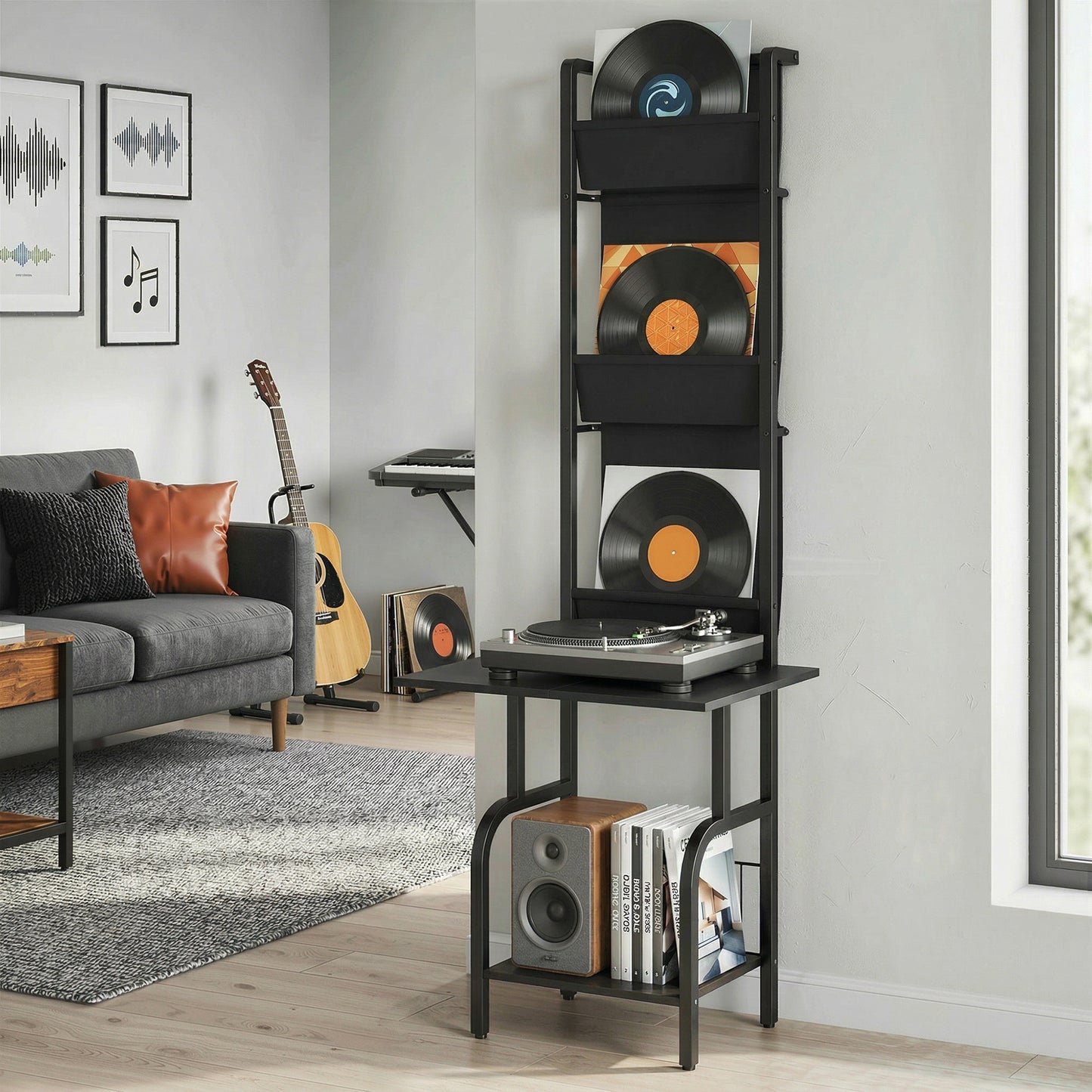 HOMCOM Vinyl Record Player Stand Record Storage with Player Stand Oxford Fabric Pockets Bottom Shelf, Black