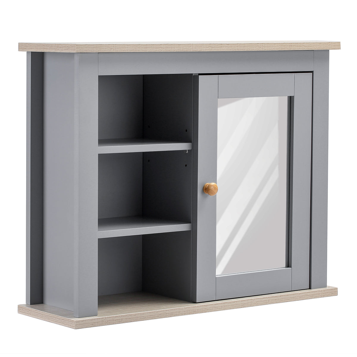 Gray wall cabinet with mirrored door, open shelves, and light wood trim