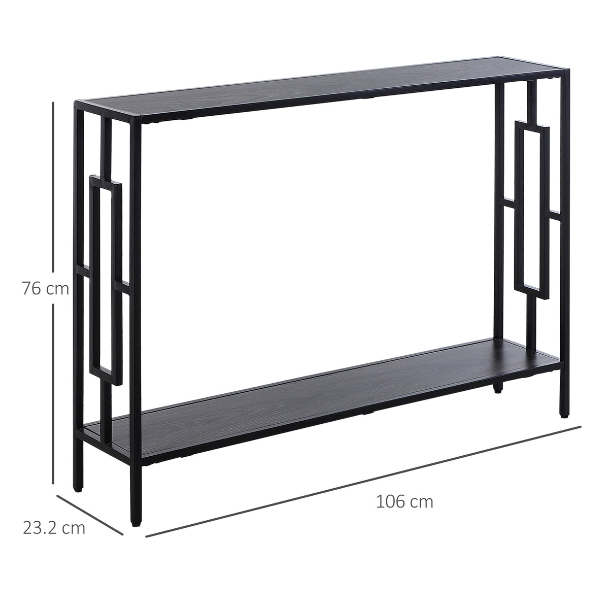 Two-tier console table with dark gray shelves, black metal frame, and 106 cm dimensions