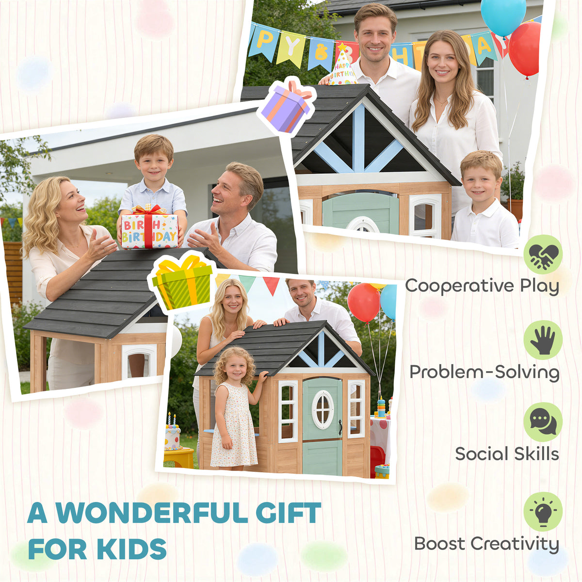 AIYAPLAY Wooden Playhouse for Kids, Wendy House with Pet Door, Play Kitchen, Half Door and Windows for Indoor Outdoor, Ages 2+