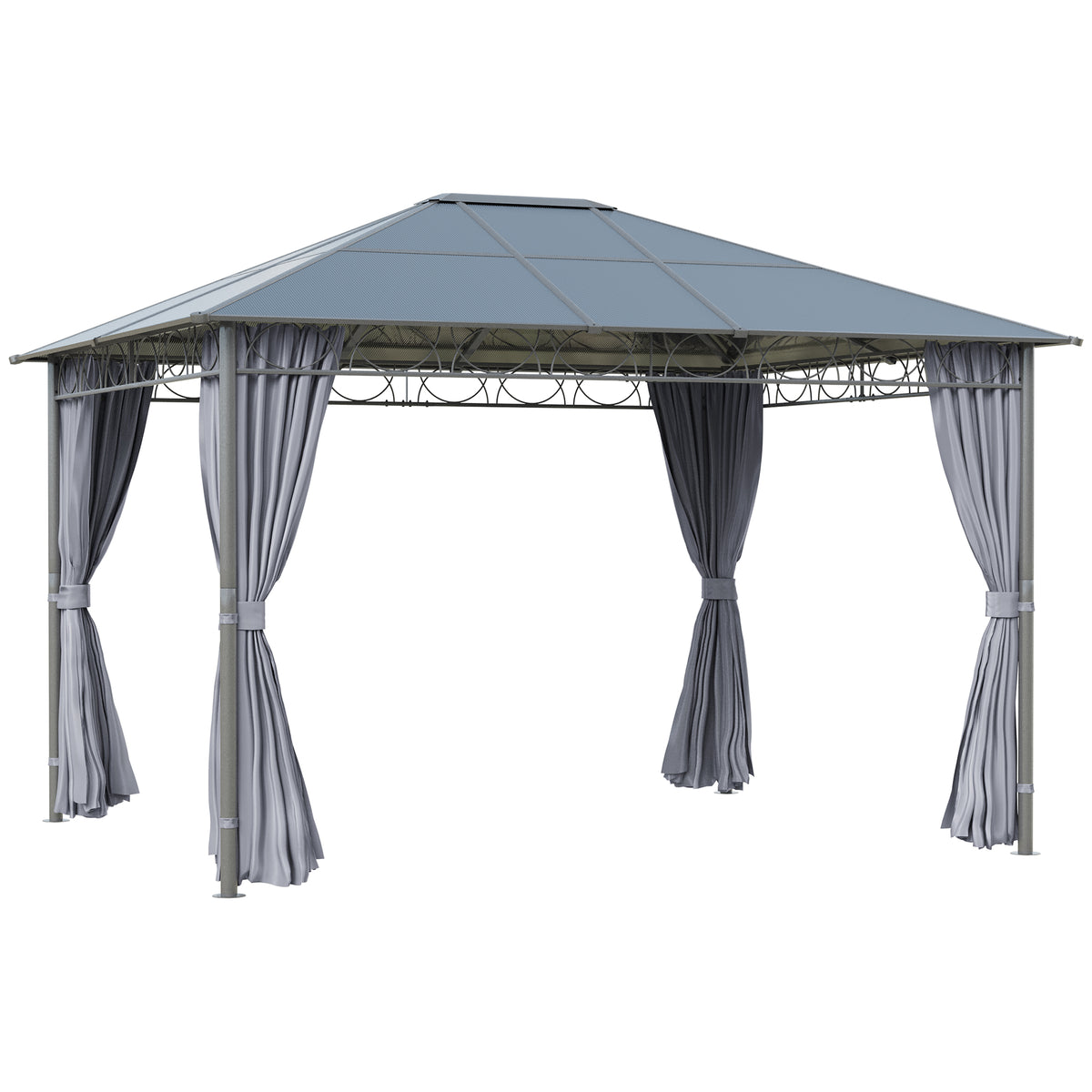 Outsunny grey hardtop gazebo with polycarbonate roof, steel frame and tied-back curtains