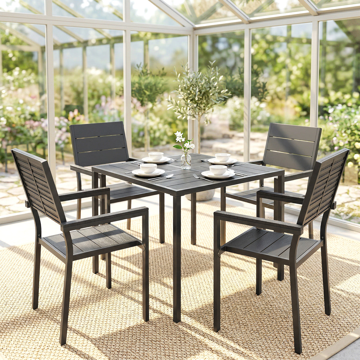 Outsunny 5 Pieces Garden Dining Set, Garden Table and Chairs Set for 4 with Square HDPE Table and Chairs with Armrests, Black