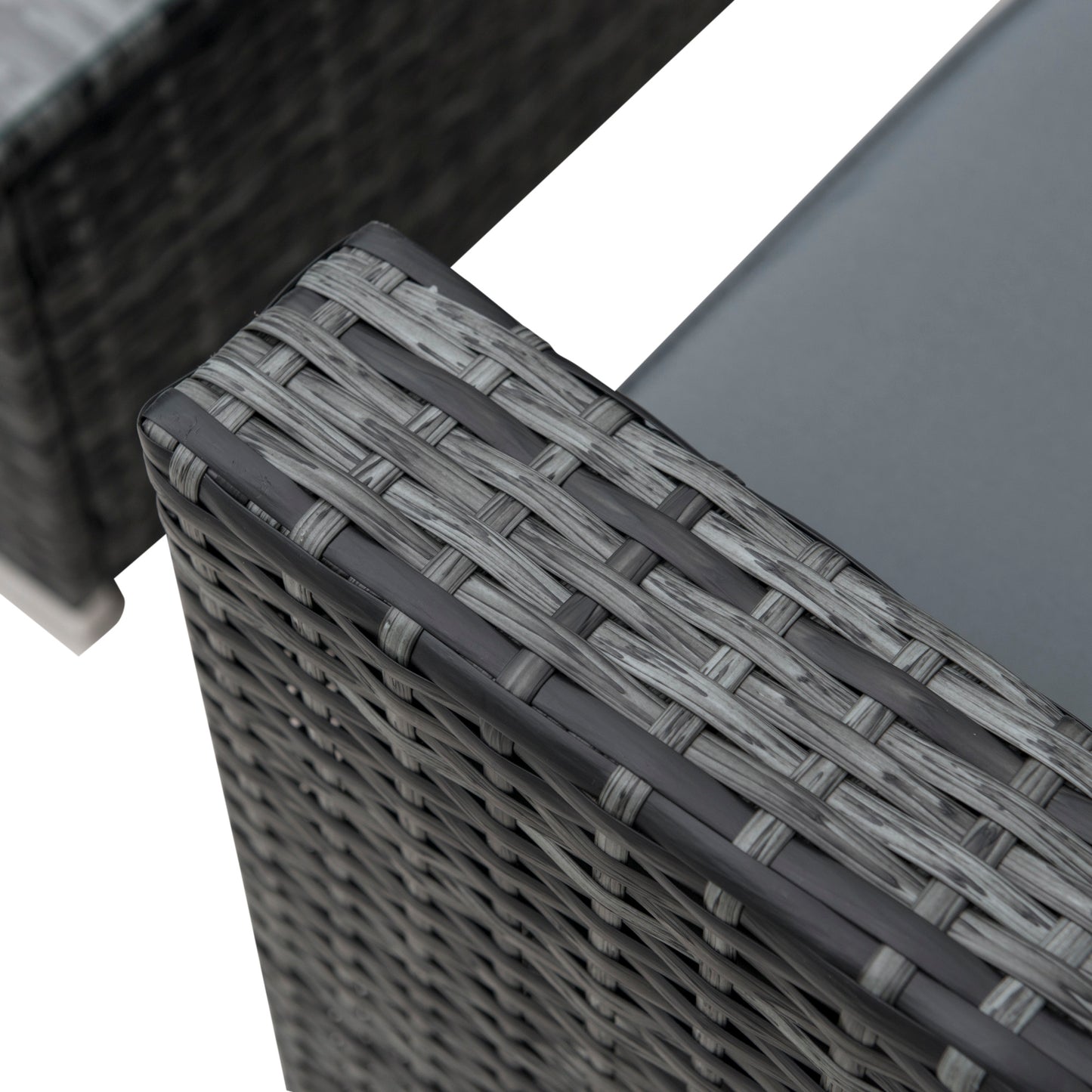 Close-up of the gray woven wicker armrest and dark gray seat cushion