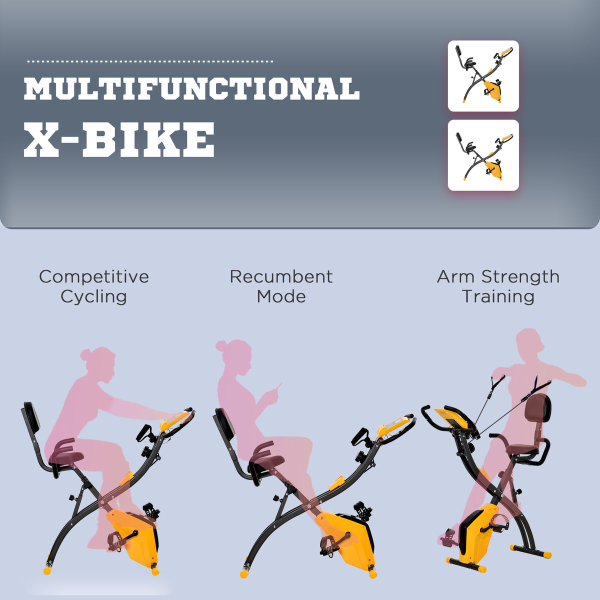 HOMCOM folding exercise bike shown in upright, recumbent, and arm-training positions